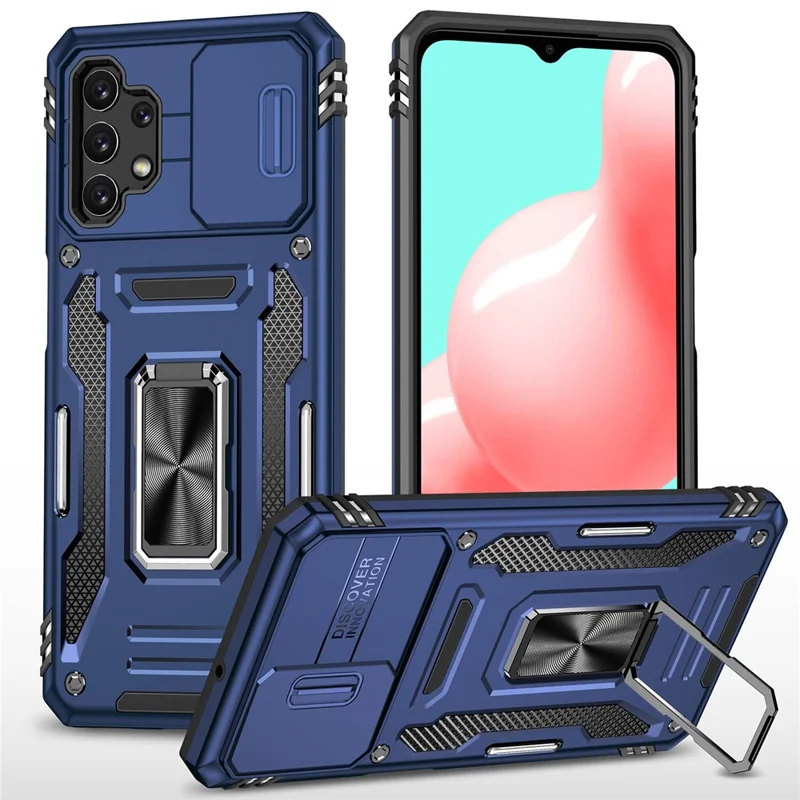For Samsung Galaxy A32 5G / Galaxy M32 5G Protective Case with Slide Lens Cover PC + TPU Ring Kickstand Cell Phone Anti-Drop Case - Navy Blue