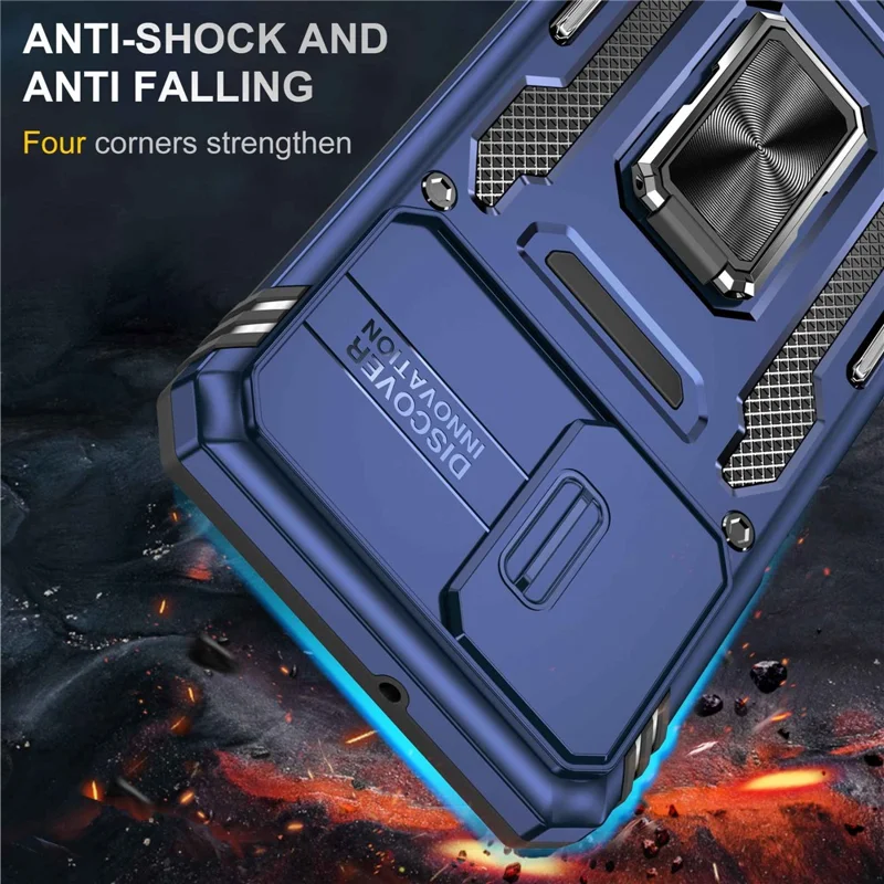 For Samsung Galaxy A32 5G / Galaxy M32 5G Protective Case with Slide Lens Cover PC + TPU Ring Kickstand Cell Phone Anti-Drop Case - Navy Blue