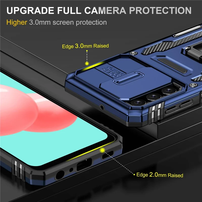 For Samsung Galaxy A32 5G / Galaxy M32 5G Protective Case with Slide Lens Cover PC + TPU Ring Kickstand Cell Phone Anti-Drop Case - Navy Blue