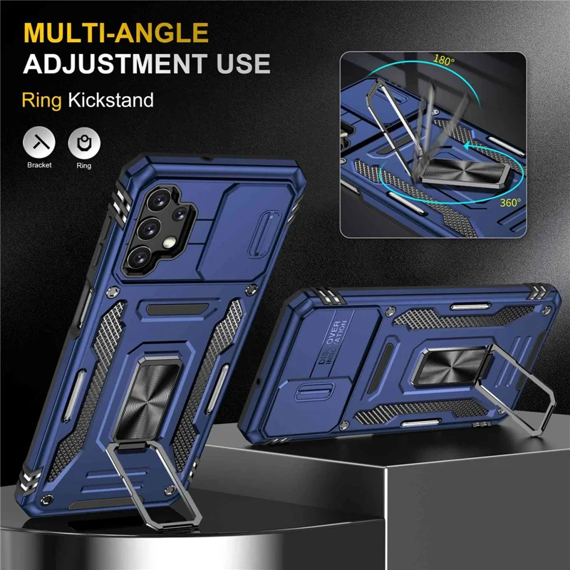 For Samsung Galaxy A32 5G / Galaxy M32 5G Protective Case with Slide Lens Cover PC + TPU Ring Kickstand Cell Phone Anti-Drop Case - Navy Blue