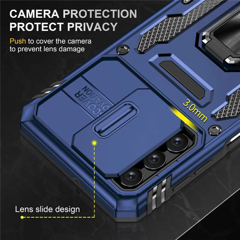 For Samsung Galaxy A32 5G / Galaxy M32 5G Protective Case with Slide Lens Cover PC + TPU Ring Kickstand Cell Phone Anti-Drop Case - Navy Blue