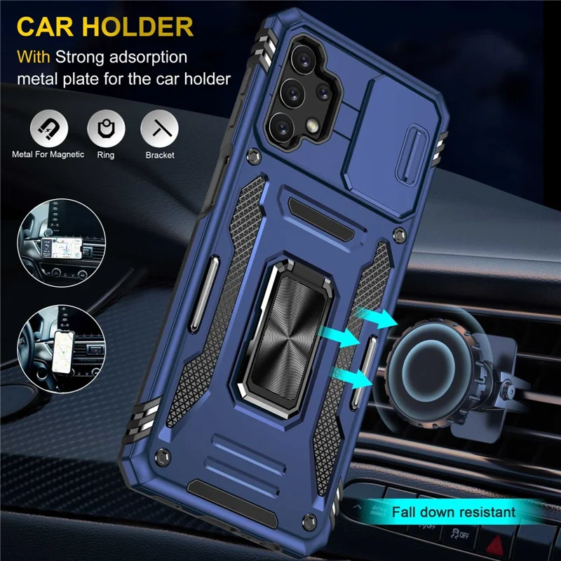 For Samsung Galaxy A32 5G / Galaxy M32 5G Protective Case with Slide Lens Cover PC + TPU Ring Kickstand Cell Phone Anti-Drop Case - Navy Blue