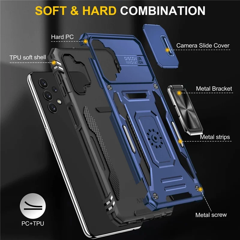 For Samsung Galaxy A32 5G / Galaxy M32 5G Protective Case with Slide Lens Cover PC + TPU Ring Kickstand Cell Phone Anti-Drop Case - Navy Blue