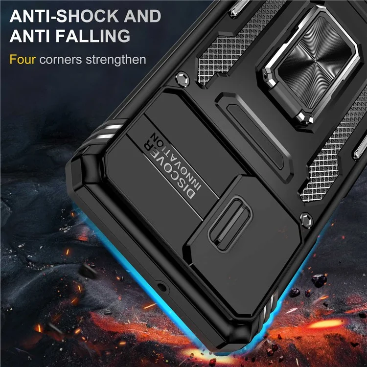 For Samsung Galaxy A32 5G / Galaxy M32 5G Protective Case with Slide Lens Cover PC + TPU Ring Kickstand Cell Phone Anti-Drop Case - Black