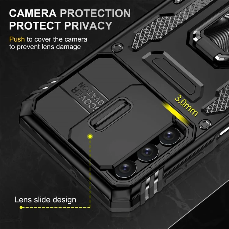 For Samsung Galaxy A32 5G / Galaxy M32 5G Protective Case with Slide Lens Cover PC + TPU Ring Kickstand Cell Phone Anti-Drop Case - Black