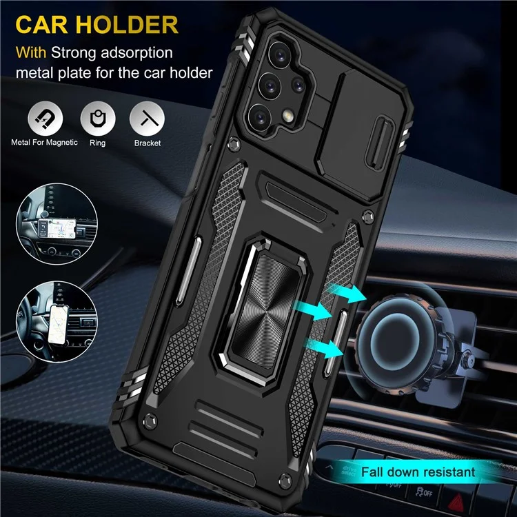 For Samsung Galaxy A32 5G / Galaxy M32 5G Protective Case with Slide Lens Cover PC + TPU Ring Kickstand Cell Phone Anti-Drop Case - Black