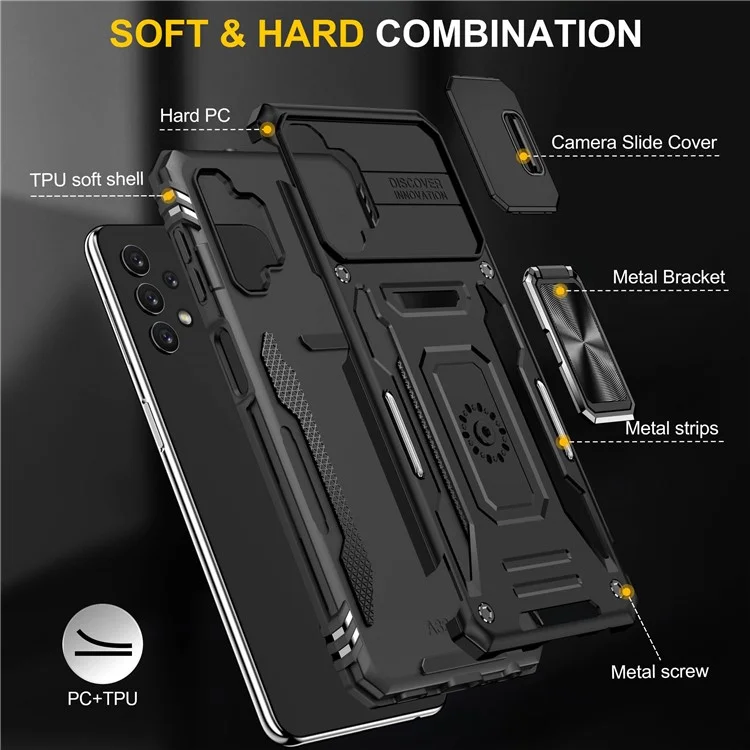 For Samsung Galaxy A32 5G / Galaxy M32 5G Protective Case with Slide Lens Cover PC + TPU Ring Kickstand Cell Phone Anti-Drop Case - Black
