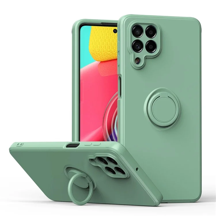 Для Samsung Galaxy M53 5G Finger Ring Kickstand Design Anti-scratch Cover Liquid Silicone Cell Phone Protective Case - Mint Green
