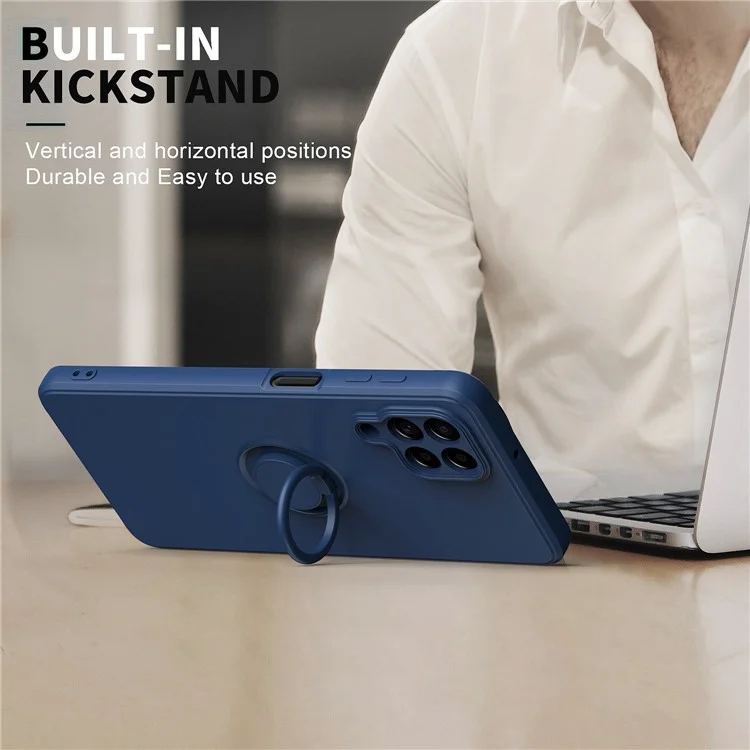 Для Samsung Galaxy M53 5G Finger Ring Kickstand Design Anti-scratch Cover Liquid Silicone Cell Phone Protective Case - Mint Green