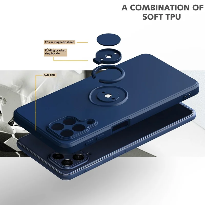For Samsung Galaxy M53 5G Finger Ring Kickstand Design Anti-scratch Cover Liquid Silicone Cell Phone Protective Case - Black