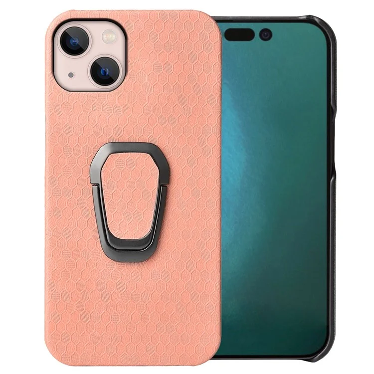 Пк-корпус с Кожаным Покрытием Для Iphone 14 6,1 Дюйма с Сотовым Рисунком Shock-resean Case Anti-Drop Protector с Kickstand - Розовый