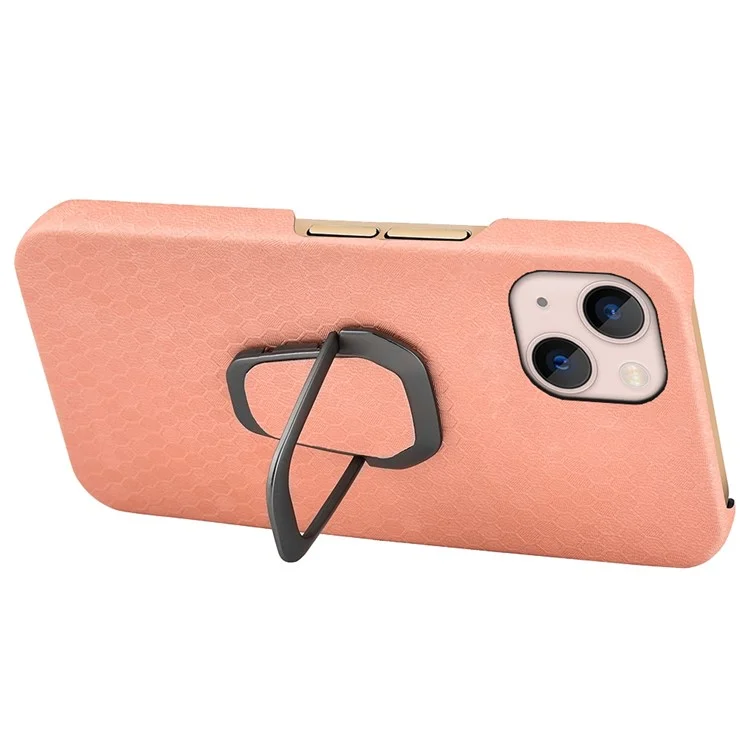 Пк-корпус с Кожаным Покрытием Для Iphone 14 6,1 Дюйма с Сотовым Рисунком Shock-resean Case Anti-Drop Protector с Kickstand - Розовый
