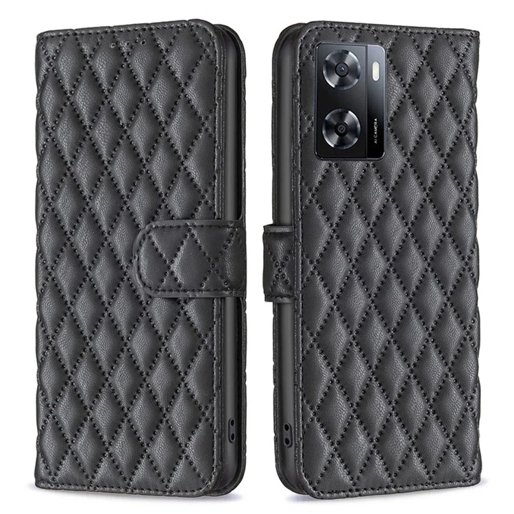Binfen Color Cubierta de Teléfono Móvil Para Oppo A57 4G BF Style-14 Folio Flip Impresión Patrón de Rombo Patrón de Teléfono Magnético Con Billetera - Negro