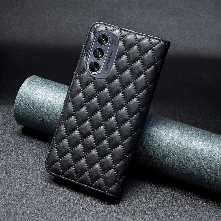 Binfen Farbe Für Motorola Moto G62 5G BF Style-14 Wear-resistant Geprinte Rhombus Muster Ständer Anti-fall-fall-telefonschale Mit Brieftasche - Schwarz