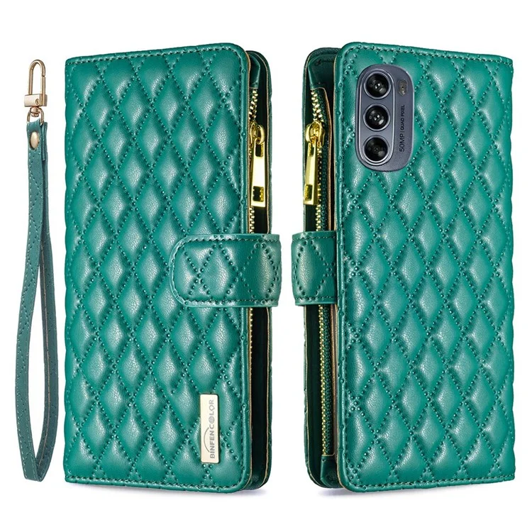 BINFEN COLOR BF Style-15 für Motorola Moto G62 5G Anti-Drop-Reißverschlusstasche PU-Leder Handy-Flip-Wallet-Tasche mit Prägung Rautenmuster Matt Cover mit Ständer - Grün