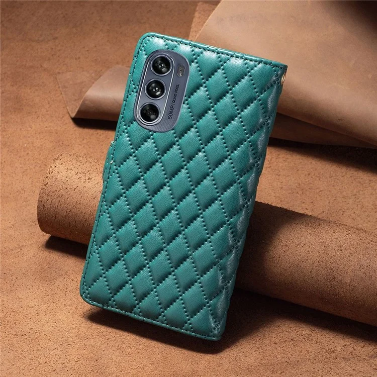 BINFEN COLOR BF Style-15 für Motorola Moto G62 5G Anti-Drop-Reißverschlusstasche PU-Leder Handy-Flip-Wallet-Tasche mit Prägung Rautenmuster Matt Cover mit Ständer - Grün