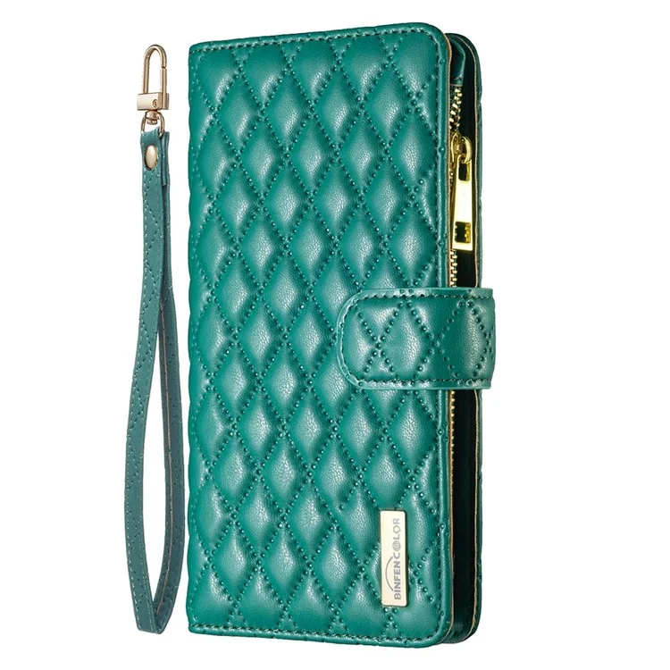 BINFEN COLOR BF Style-15 für Motorola Moto G62 5G Anti-Drop-Reißverschlusstasche PU-Leder Handy-Flip-Wallet-Tasche mit Prägung Rautenmuster Matt Cover mit Ständer - Grün