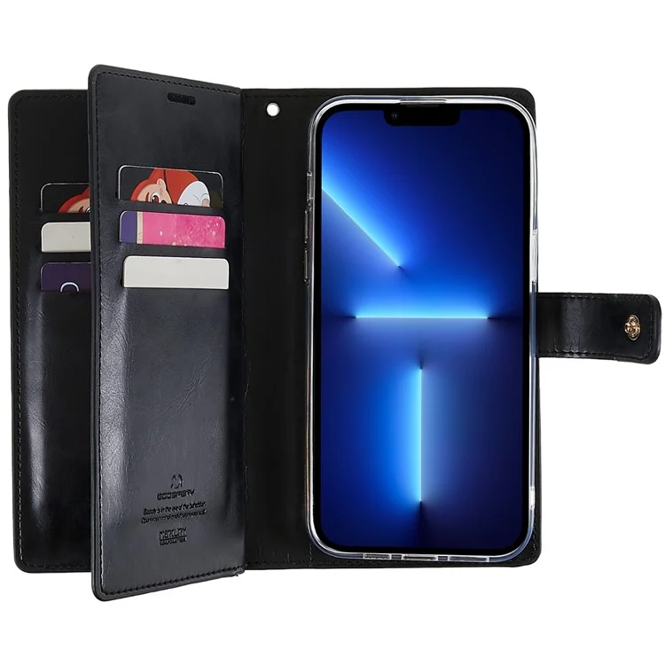 MERCURY GOOSPERY for iPhone 14 Pro 6.1 inch Mansoor Series Multiple Card Slots Phone Case PU Leather Wallet Folio Flip Cover - Black