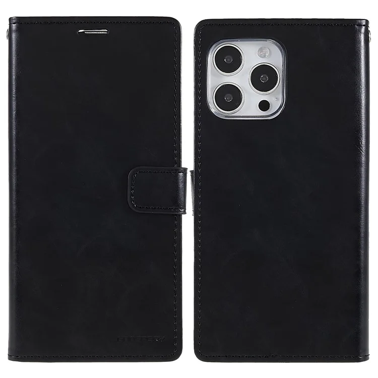 MERCURY GOOSPERY Blue Moon Wallet Case for iPhone 14 Pro 6.1 inch, Shockproof PU Leather Stand Flip Magnetic Clasp Mobile Phone Cover - Black