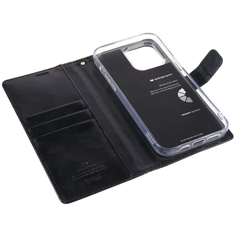 MERCURY GOOSPERY Blue Moon Wallet Case for iPhone 14 Pro 6.1 inch, Shockproof PU Leather Stand Flip Magnetic Clasp Mobile Phone Cover - Black