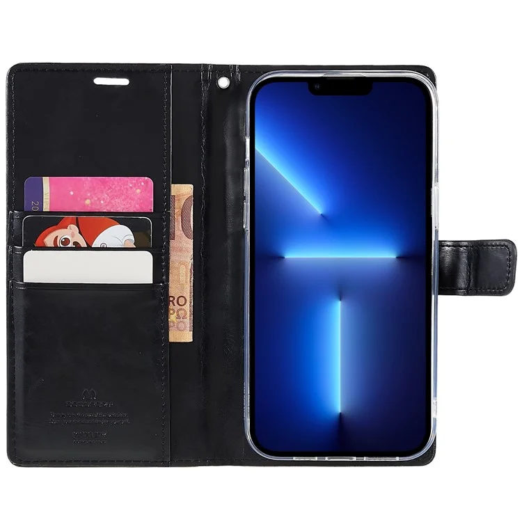 MERCURY GOOSPERY Blue Moon Wallet Case for iPhone 14 Pro 6.1 inch, Shockproof PU Leather Stand Flip Magnetic Clasp Mobile Phone Cover - Black