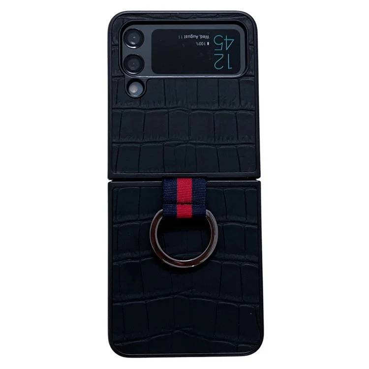 Pour Samsung Galaxy Z Flip4 5G Anti-scratch Crocodile Texture Genuine Leather Coated PC Folding Phone Case with Finger Ring Holder - Black