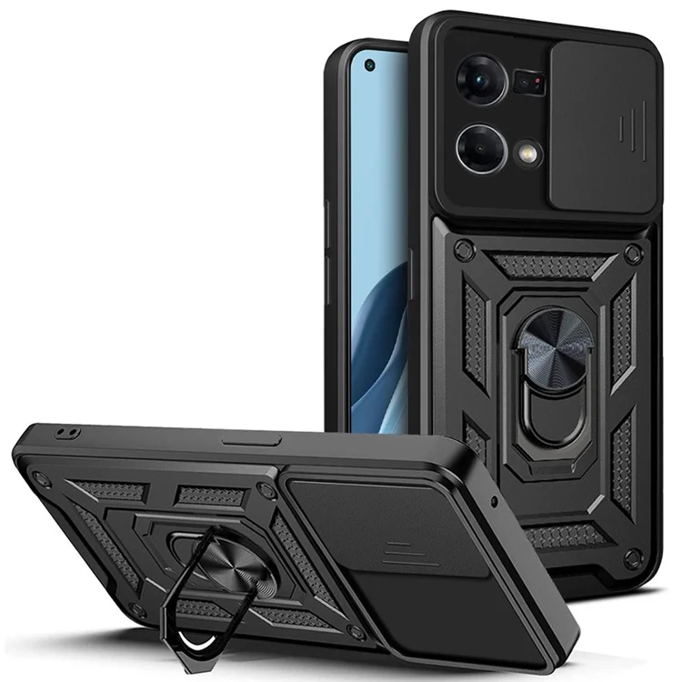 For Oppo Reno7 4G Anti-scratch Phone Cover Slide Camera Protection PC + TPU Ring Kickstand Cell Phone Case - Black