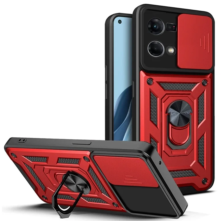 Pour Oppo Reno7 4G Anti-scratch Phone Cover Slide Camera Protection PC + TPU Ring Kickstand Cell Phone Case - Rouge