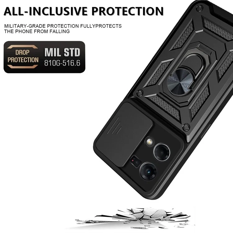 Pour Oppo Reno7 4G Anti-scratch Phone Cover Slide Camera Protection PC + TPU Ring Kickstand Cell Phone Case - Rouge