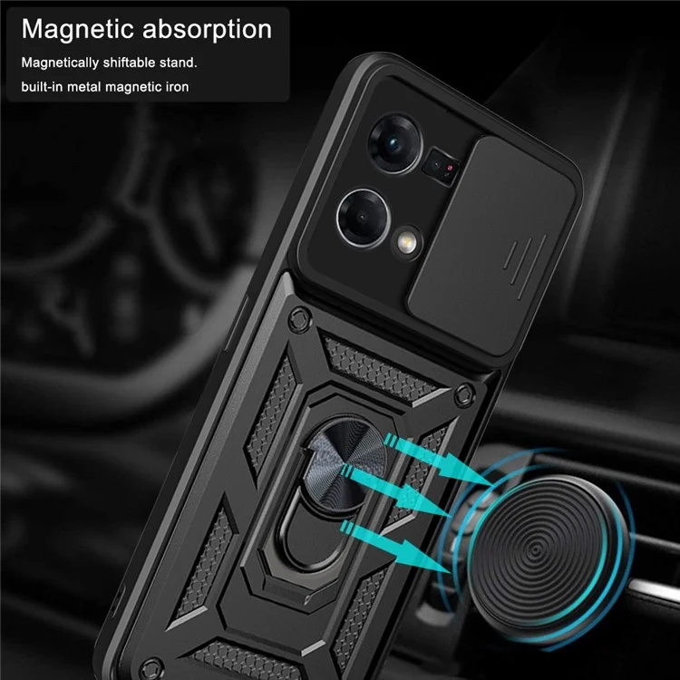 Pour Oppo Reno7 4G Anti-scratch Phone Cover Slide Camera Protection PC + TPU Ring Kickstand Cell Phone Case - Rouge