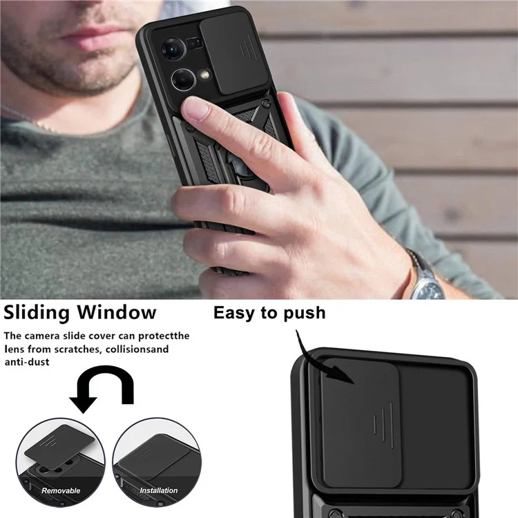 Pour Oppo Reno7 4G Anti-scratch Phone Cover Slide Camera Protection PC + TPU Ring Kickstand Cell Phone Case - Rouge
