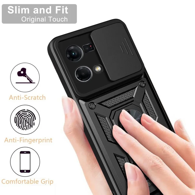 Pour Oppo Reno7 4G Anti-scratch Phone Cover Slide Camera Protection PC + TPU Ring Kickstand Cell Phone Case - Rouge