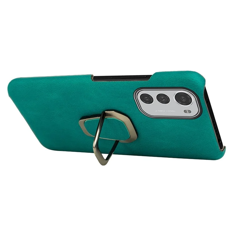 For Motorola Moto E32 4G Ring Holder Kickstand PU Leather Coated PC Protective Cover Mobile Phone Anti-drop Case - Green