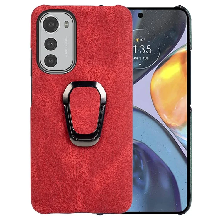 Para Motorola Moto E32 4G Ring Holder Kickstand PU Concaminhamento de Couro Revestido PC Capa Protetora Caso Anti-gotas Celulares - Vermelho