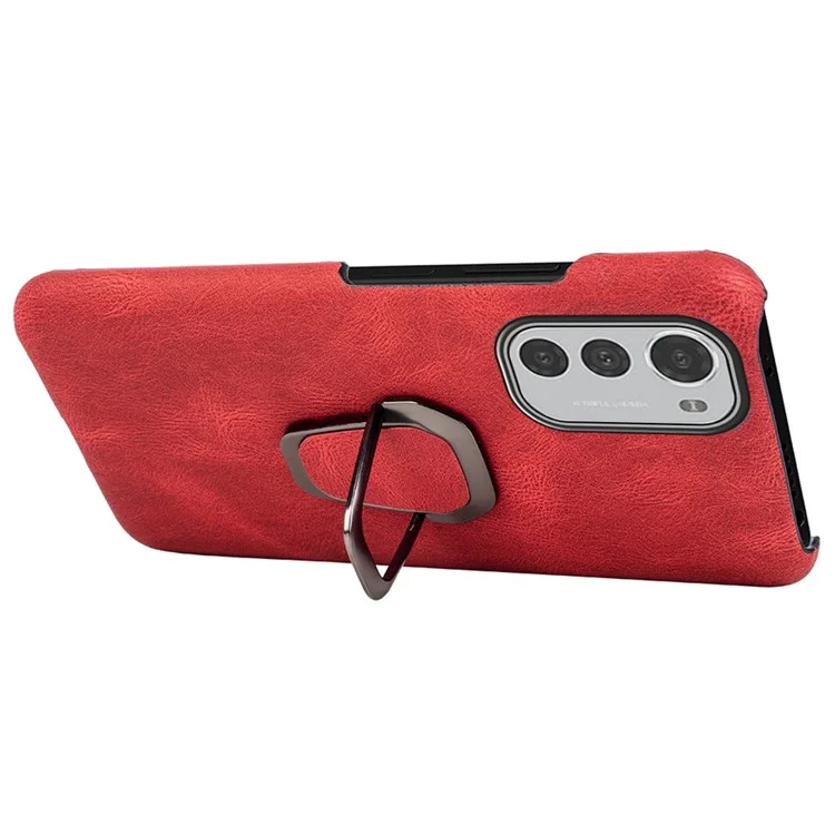 Para Motorola Moto E32 4G Holder Ring Holder PU PU Cubierta de Protección de PC Con Recubrimiento Pu. - Rojo