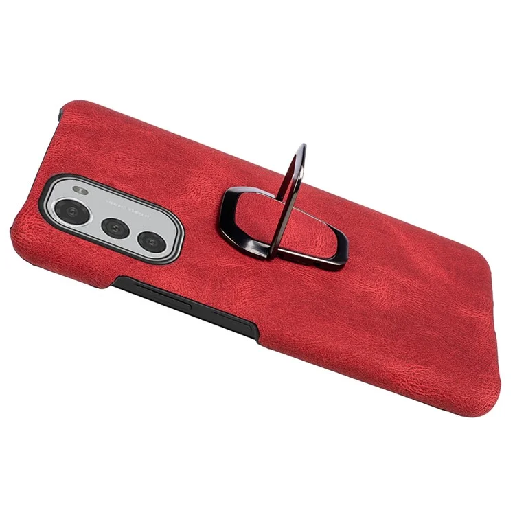 Para Motorola Moto E32 4G Holder Ring Holder PU PU Cubierta de Protección de PC Con Recubrimiento Pu. - Rojo