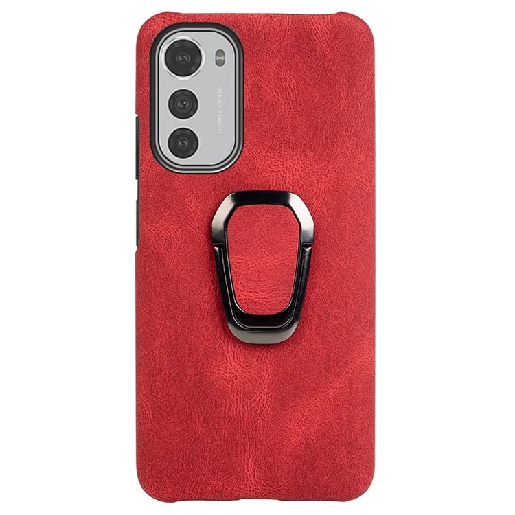 For Motorola Moto E32 4G Ring Holder Kickstand PU Leather Coated PC Protective Cover Mobile Phone Anti-drop Case - Red