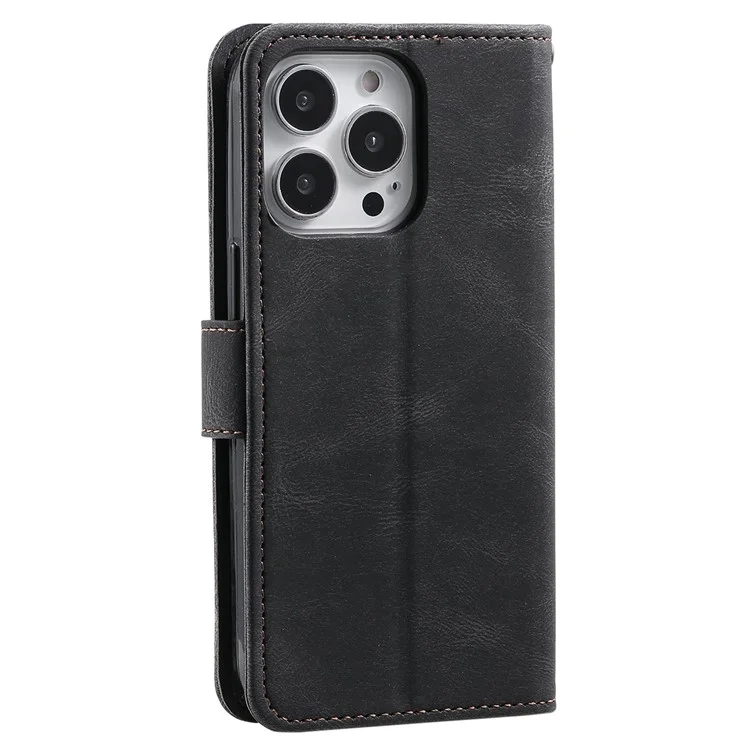 Para Iphone 14 Pro 6.1 Pulgadas de Empalme Cosiendo la Piel Touch PU Pulo Case de Teléfono de Cuero Folio Flip Anti-drop Cubierta Anti-scratch - Negro