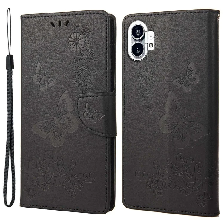 For Nothing phone (1) 5G PU Leather Butterflies Flower Pattern Imprinting Phone Cover Stand Function Wallet Flip Magnetic Case with Strap - Black