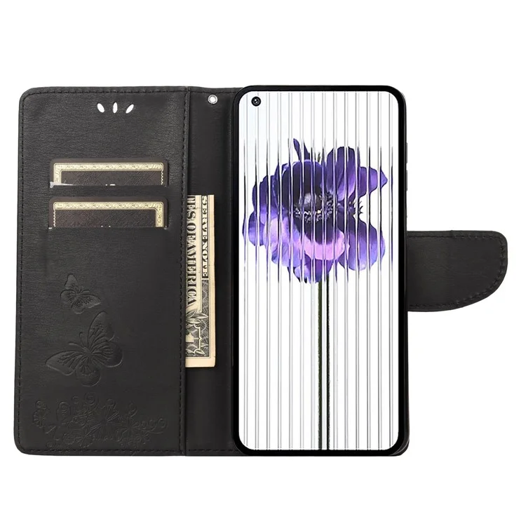 For Nothing phone (1) 5G PU Leather Butterflies Flower Pattern Imprinting Phone Cover Stand Function Wallet Flip Magnetic Case with Strap - Black