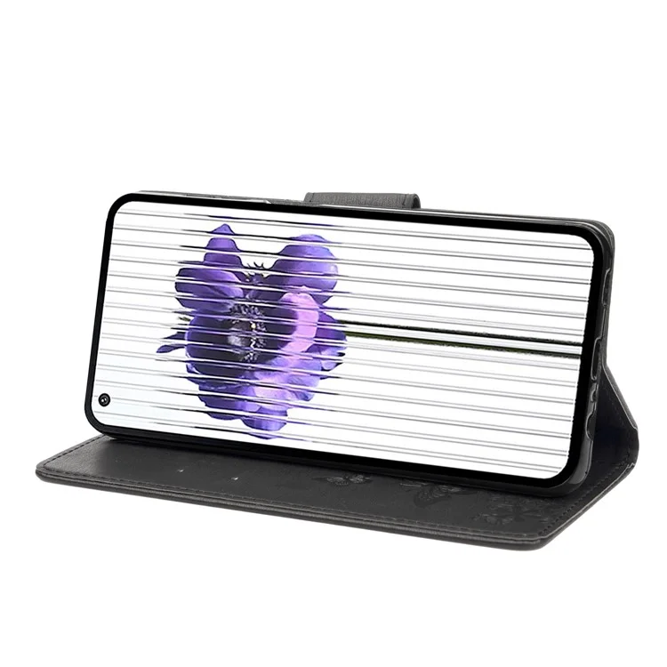 For Nothing phone (1) 5G PU Leather Butterflies Flower Pattern Imprinting Phone Cover Stand Function Wallet Flip Magnetic Case with Strap - Black