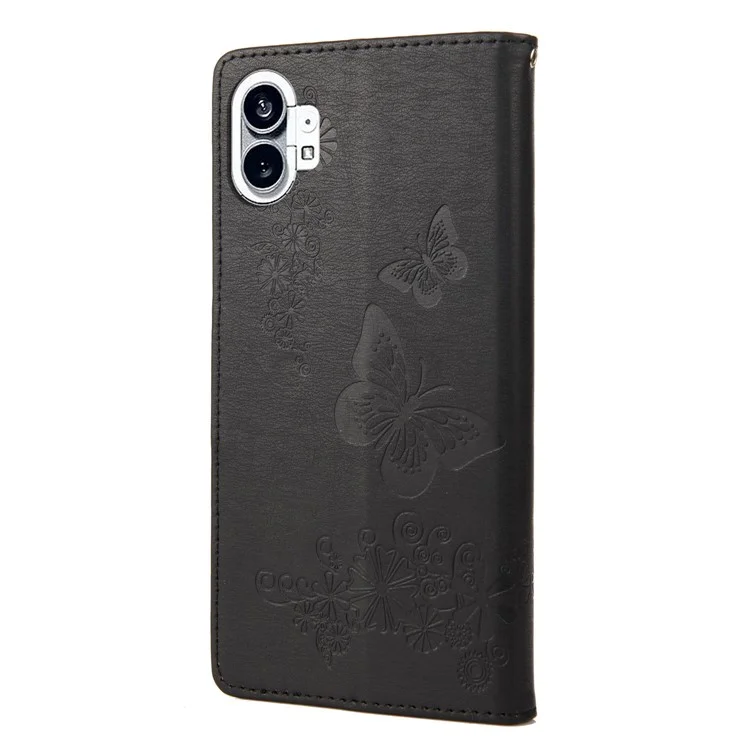 For Nothing phone (1) 5G PU Leather Butterflies Flower Pattern Imprinting Phone Cover Stand Function Wallet Flip Magnetic Case with Strap - Black