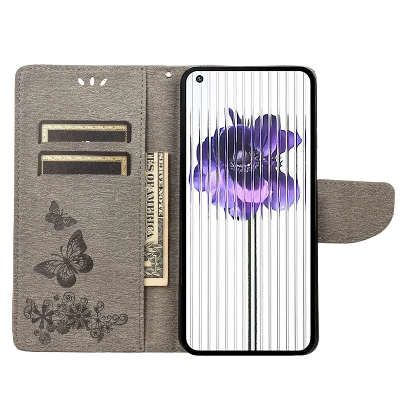 For Nothing phone (1) 5G PU Leather Butterflies Flower Pattern Imprinting Phone Cover Stand Function Wallet Flip Magnetic Case with Strap - Grey