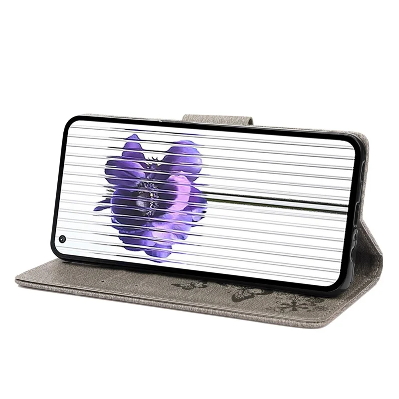 For Nothing phone (1) 5G PU Leather Butterflies Flower Pattern Imprinting Phone Cover Stand Function Wallet Flip Magnetic Case with Strap - Grey