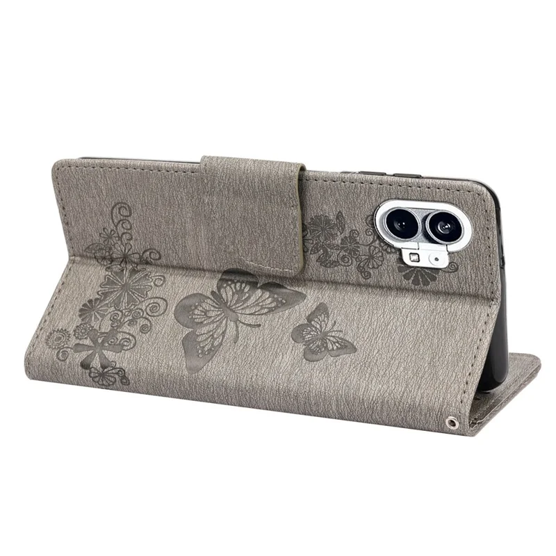 For Nothing phone (1) 5G PU Leather Butterflies Flower Pattern Imprinting Phone Cover Stand Function Wallet Flip Magnetic Case with Strap - Grey