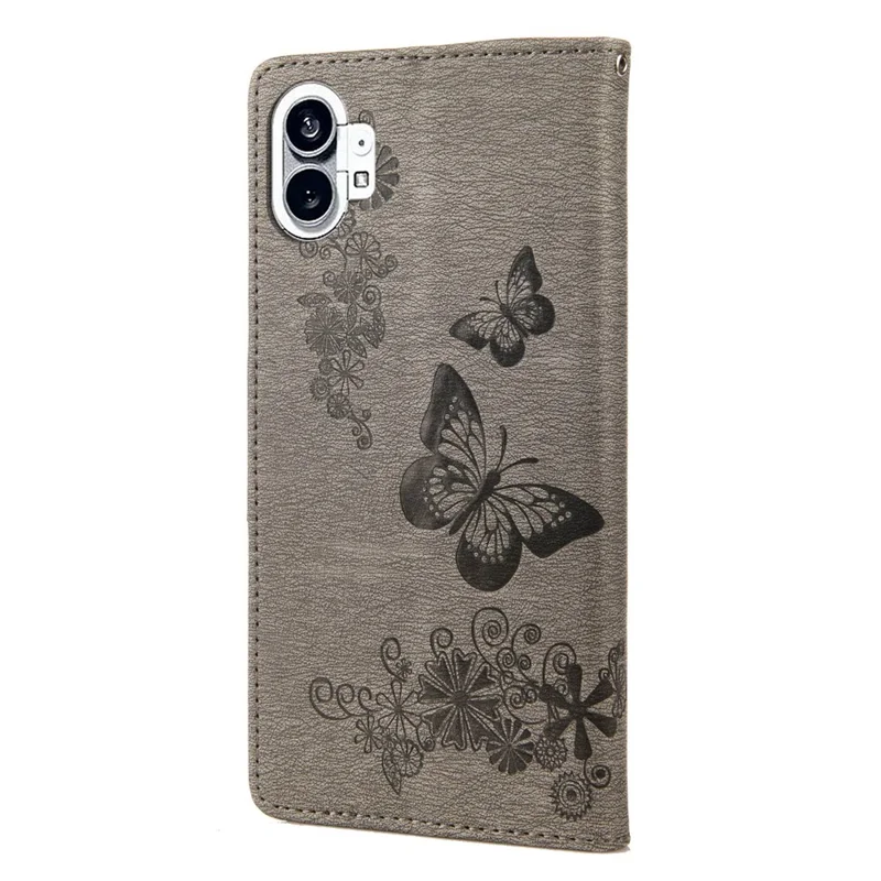 For Nothing phone (1) 5G PU Leather Butterflies Flower Pattern Imprinting Phone Cover Stand Function Wallet Flip Magnetic Case with Strap - Grey