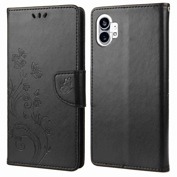 For Nothing phone (1) 5G Shockproof Phone Wallet Case Imprinting Butterfly Flower PU Leather Stand Protective Cover - Black