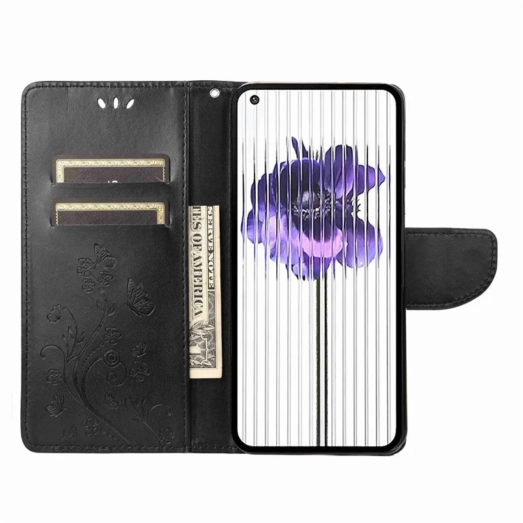 For Nothing phone (1) 5G Shockproof Phone Wallet Case Imprinting Butterfly Flower PU Leather Stand Protective Cover - Black