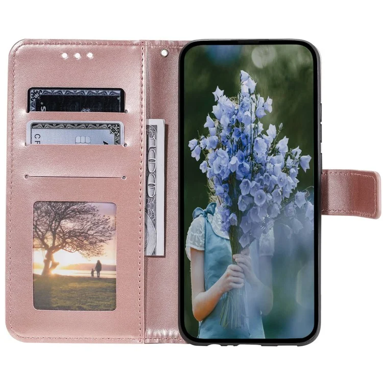 Mandala Flower Pattern Imprinted Phone Case for Realme C30 4G, PU Leather Hand Strap Design Magnetic Anti-fall Cover Stand Wallet - Rose Gold