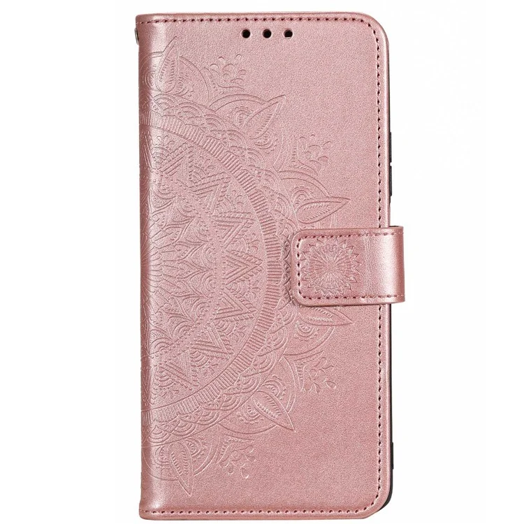 Mandala Flower Pattern Imprinted Phone Case for Realme C30 4G, PU Leather Hand Strap Design Magnetic Anti-fall Cover Stand Wallet - Rose Gold